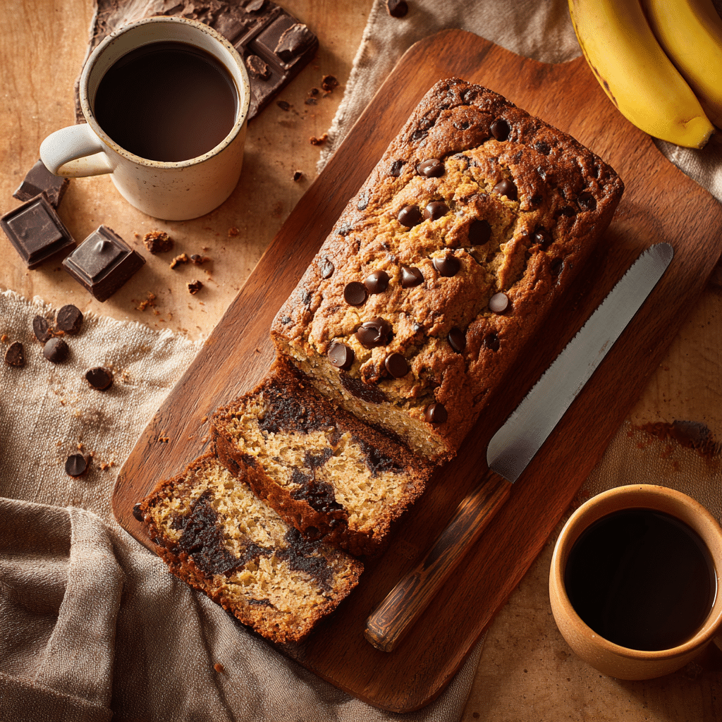 Chocolate chip banana bread styled with coffee