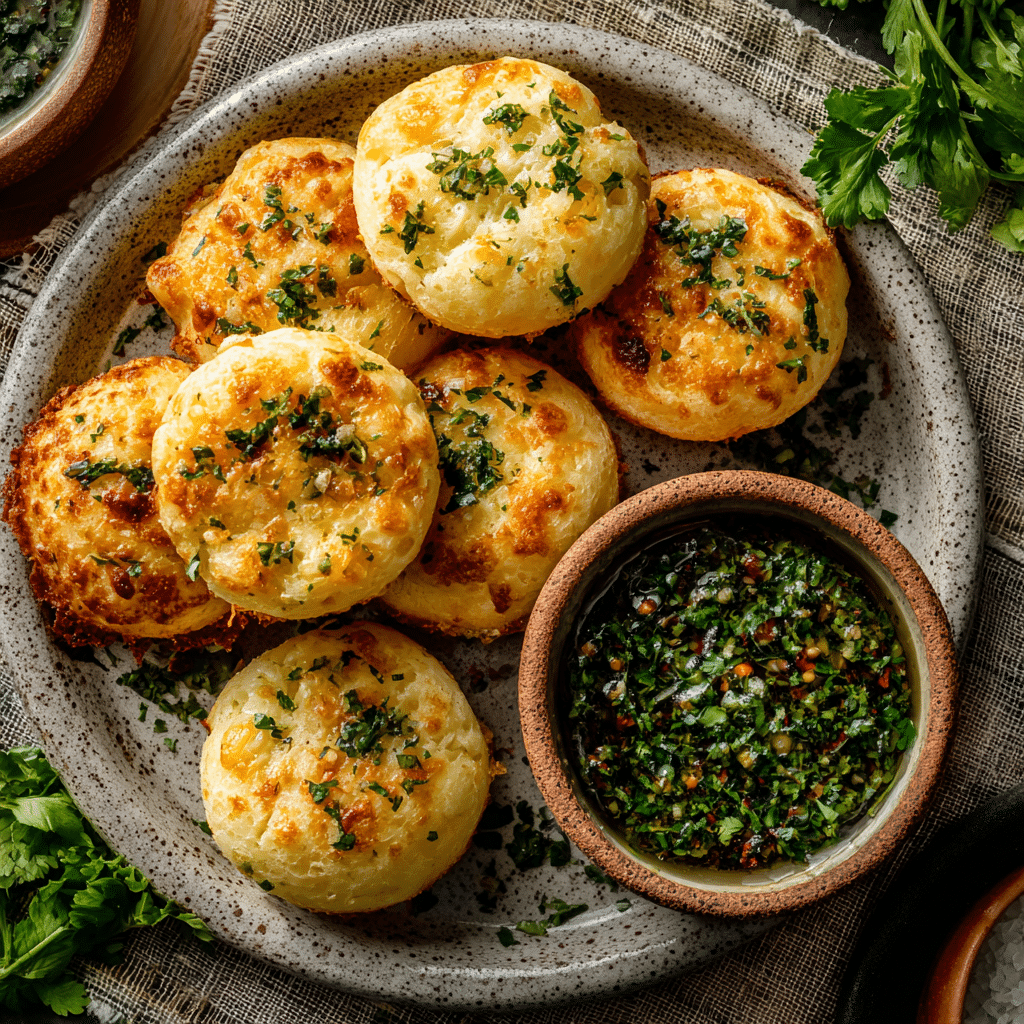 Brazilian cheese bread served with dipping sauce