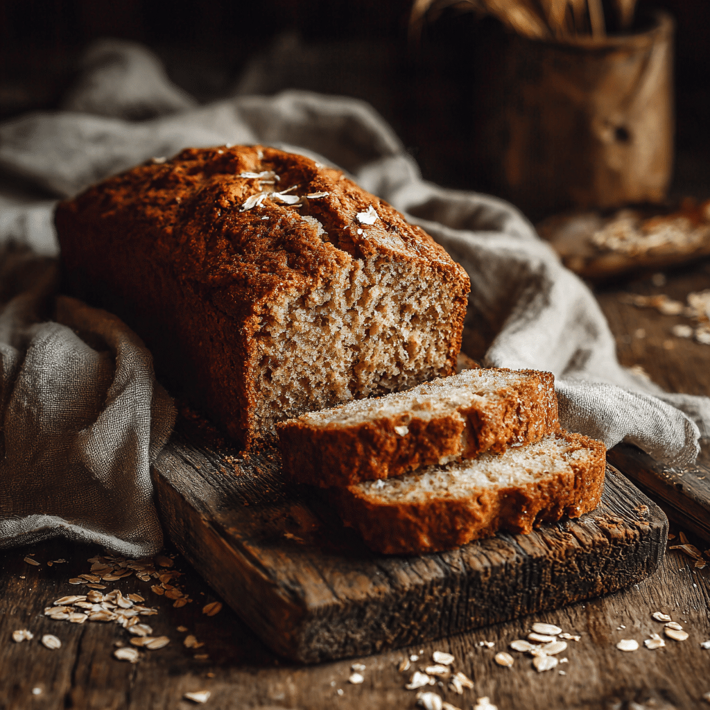 Full loaf of cottage cheese banana bread on recipe card background