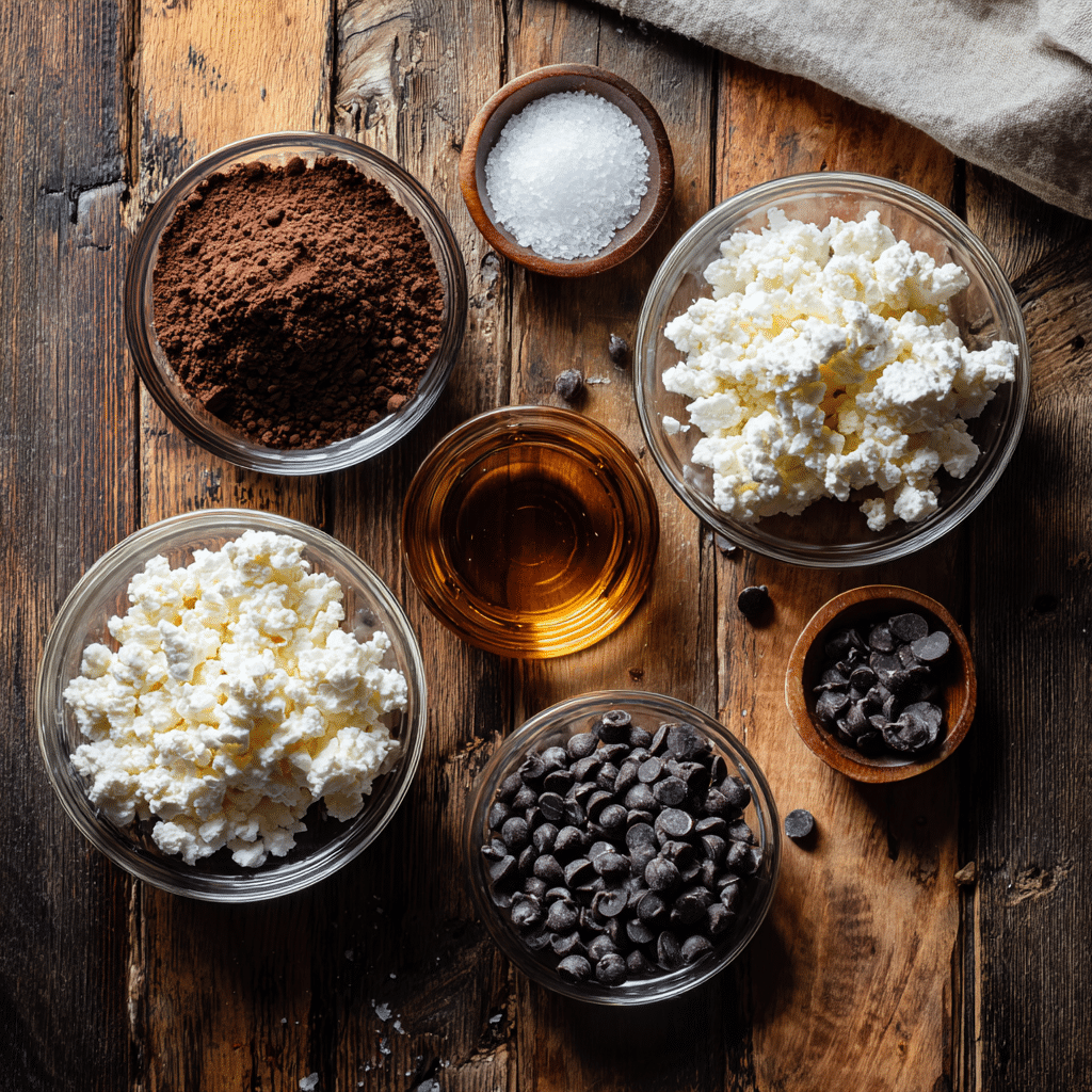 Ingredients for cottage cheese mousse laid out on wooden board