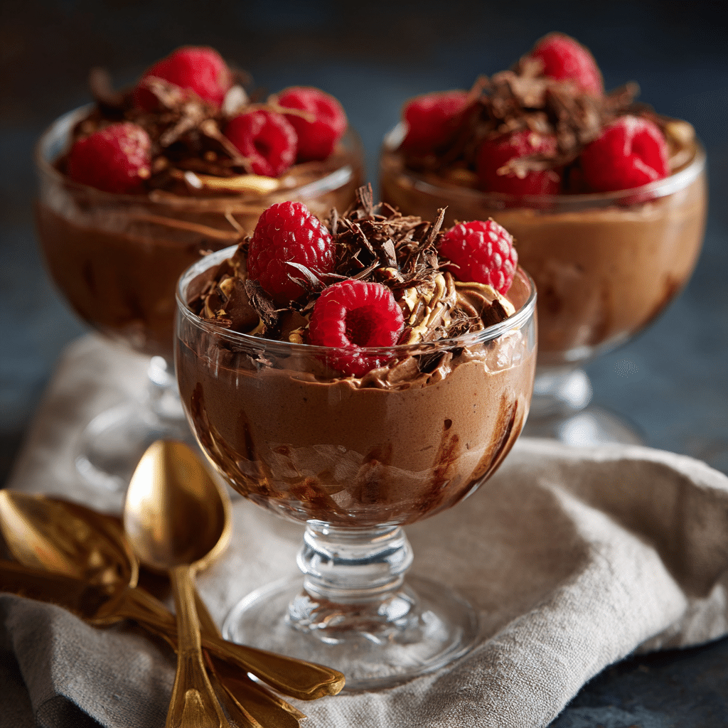 Cottage cheese mousse topped with raspberries and chocolate shavings
