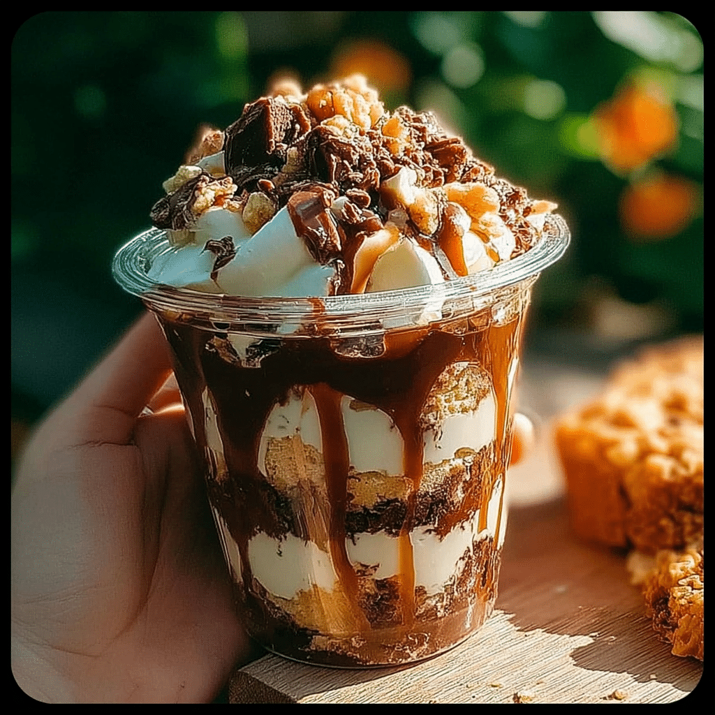 Served loaded brownie cheesecake cups on plate