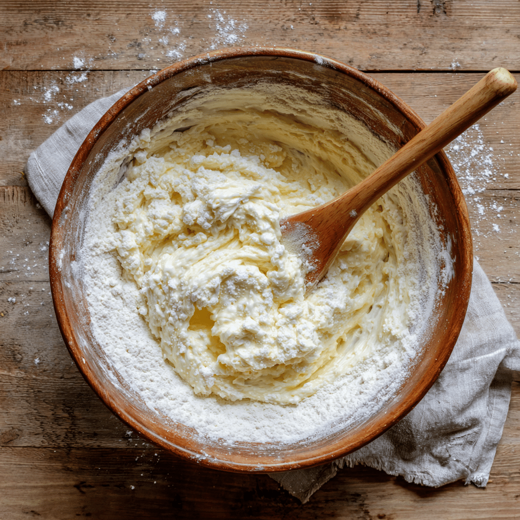 Mixing cottage cheese and bananas into banana bread batter