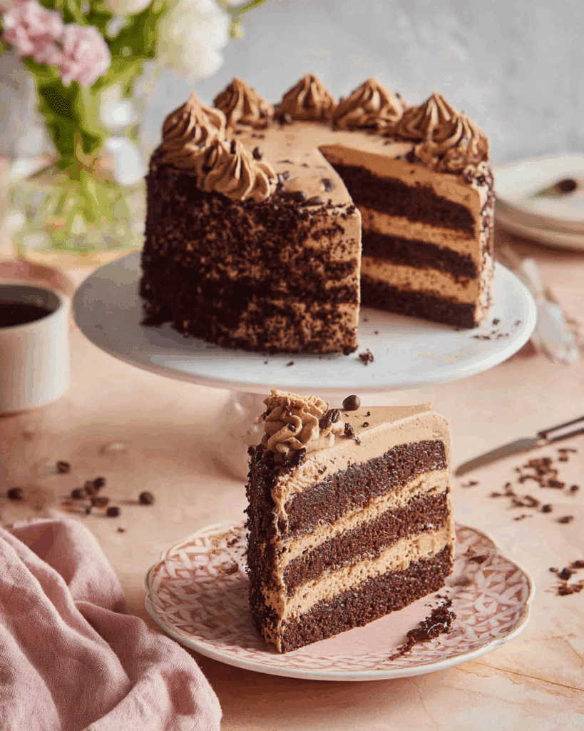 Slice of Mocha Cake with Ganache and Buttercream