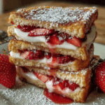 Served strawberry cheesecake sandwich with fresh strawberries