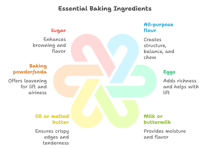 Waffle recipe ingredients on wooden countertop