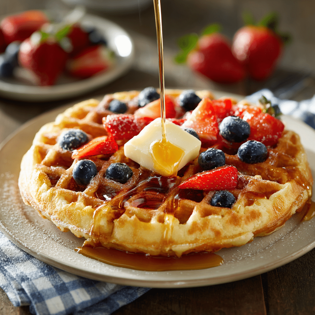 Golden waffle recipe with syrup and berries on rustic table