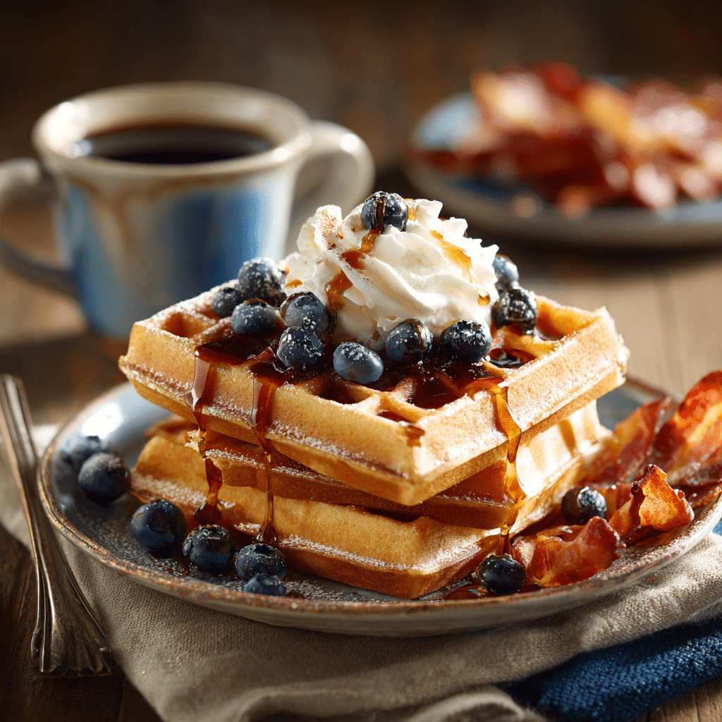 Waffle stack with whipped cream and syrup