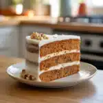 Easy carrot cake with whipped cream cheese frosting on rustic kitchen table