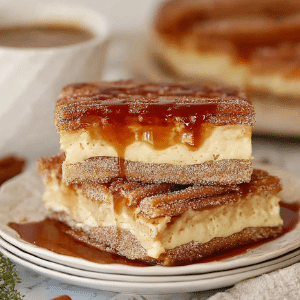 Sliced churro cheesecake bars with caramel drizzle
