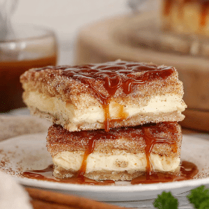 Churro cheesecake bars in 9×13 pan with golden cinnamon sugar crust and creamy center