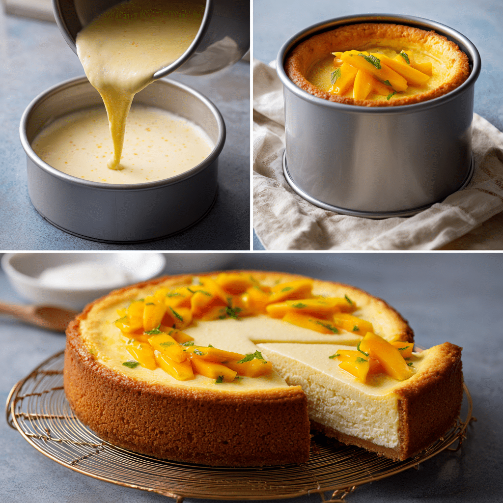 pouring mango cheesecake filling into crust