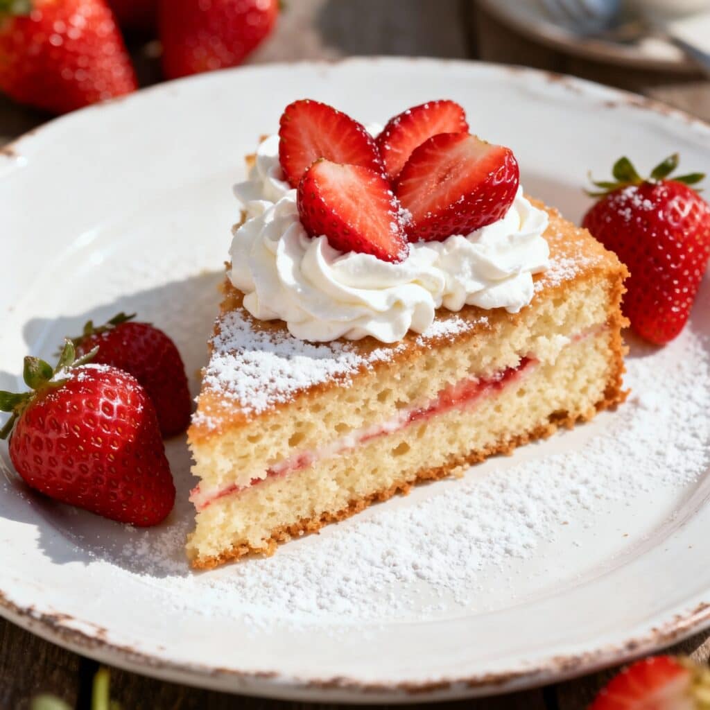 Plated strawberry tres leches slice with whipped cream and strawberry compote