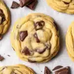Delicious chocolate chip cookies with melted chocolate and a chewy texture.