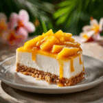 mango cheesecake slice on plate with mango topping