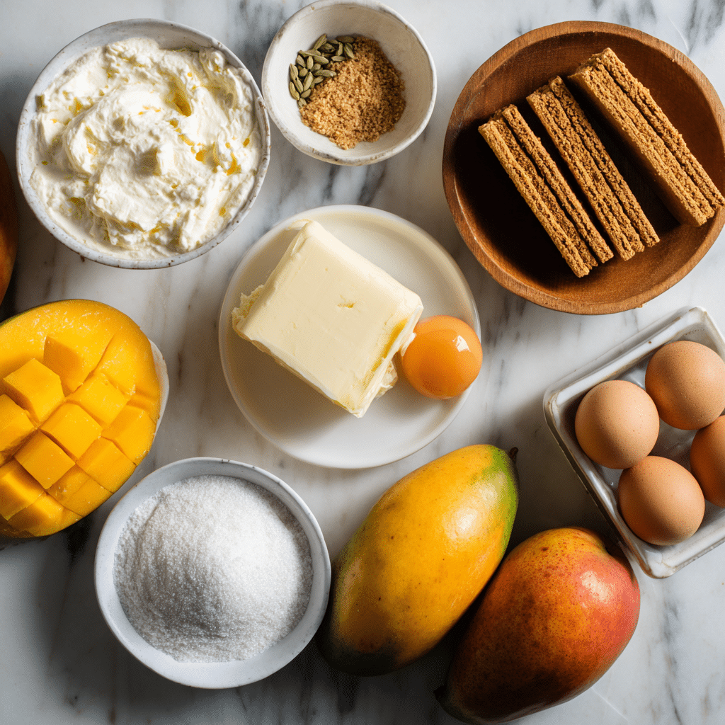 mango cheesecake ingredients on kitchen counter