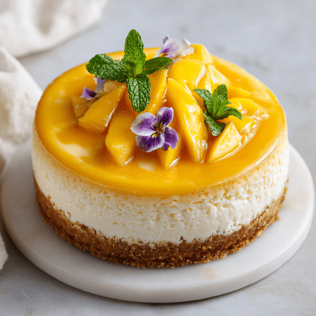 mango cheesecake recipe card image