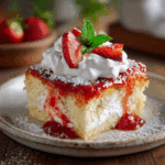 Strawberry tres leches cake slice with whipped cream and strawberry topping