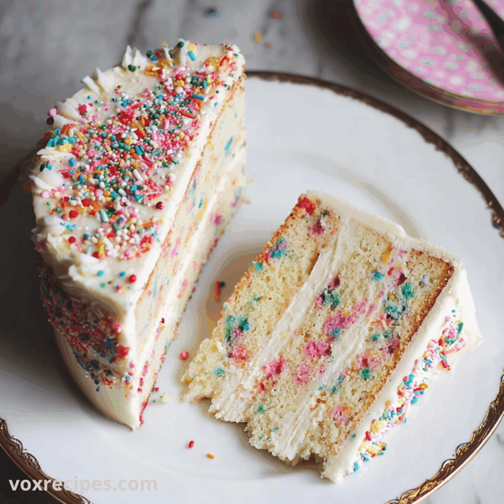 Deliciously Easy Funfetti Cake You Can’t Resist! 6 A festive Funfetti layer cake topped with rainbow sprinkles and white frosting, served with slices on small plates.