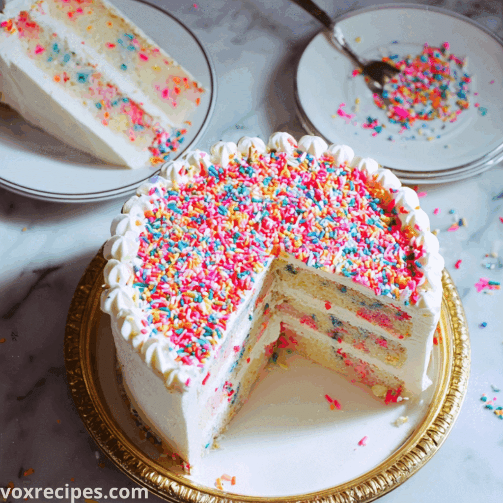 Deliciously Easy Funfetti Cake You Can’t Resist! 4 Close-up of two slices of Funfetti cake topped with vanilla frosting and colorful sprinkles on a white plate with gold rim.