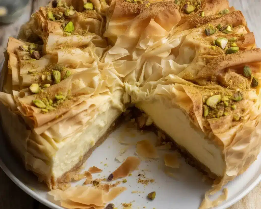 Baklava Cheesecake with phyllo crust, honey, and nut topping