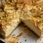 Baklava Cheesecake with phyllo crust, honey, and nut topping