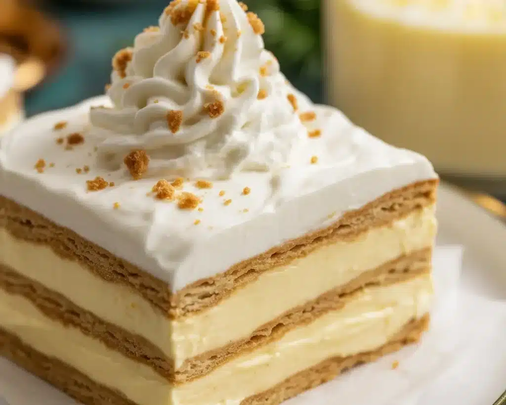 Delicious No Bake Eggnog Icebox Cake with layers of eggnog mousse and cookies.