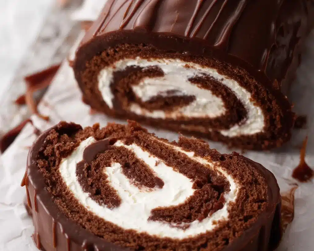 Delicious Chocolate Swiss Roll Cake with creamy filling and chocolate ganache topping.