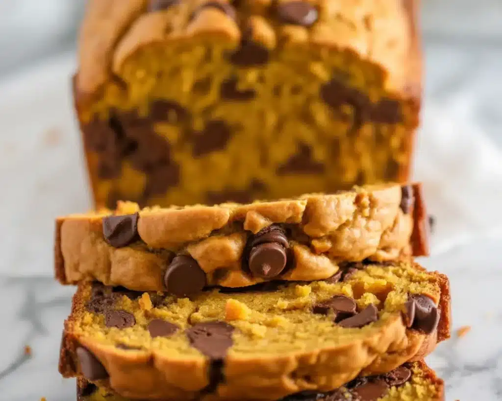 Deliciously moist Chocolate Chip Pumpkin Bread with warm spices and chocolate chips.
