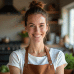 friendly 43 year old american woman chef warm smile casual home kitchen setting wearing an apron li jws5s9efy49a7wh5mykc 4