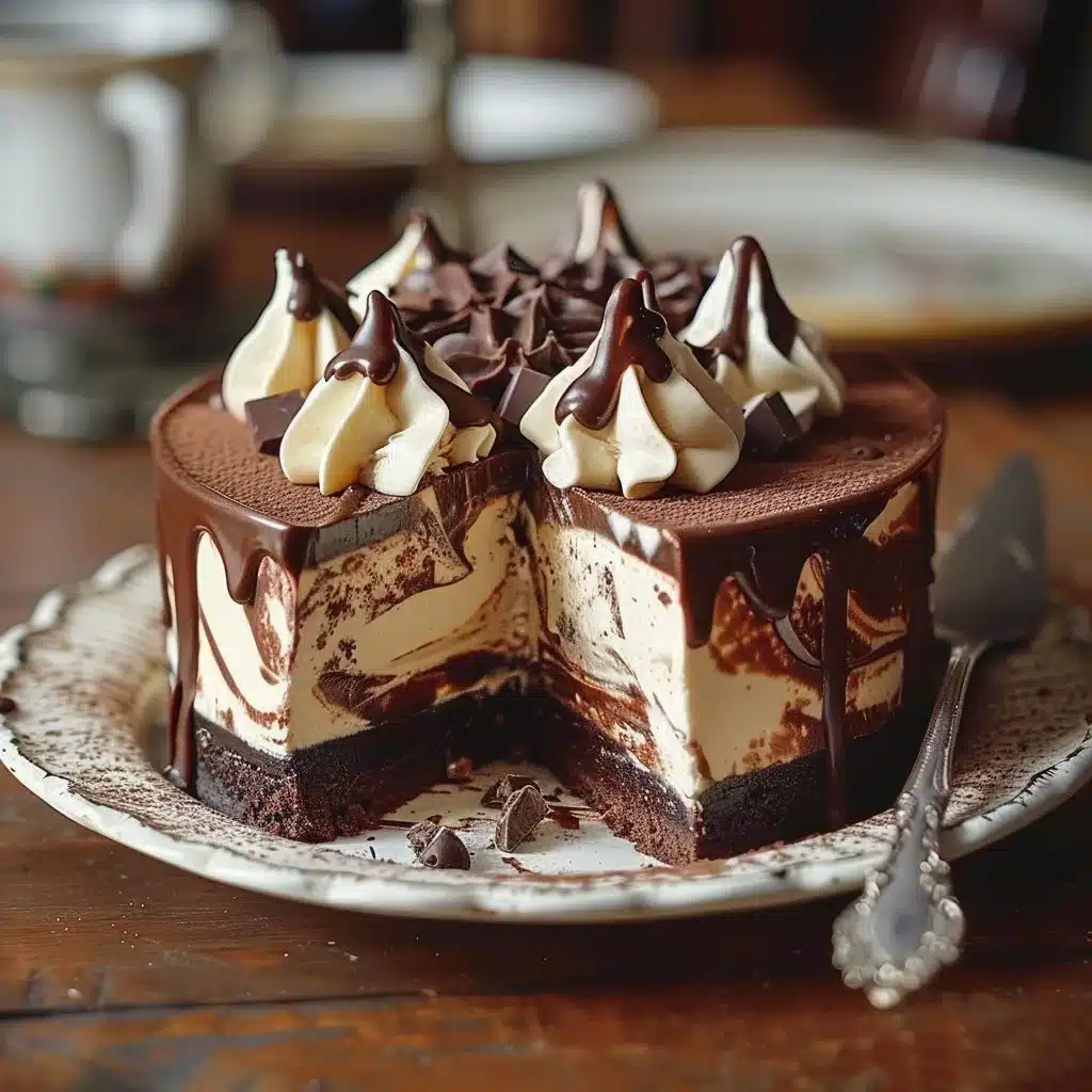 Delicious hot fudge sundae brownie cheesecake with creamy layers and chocolate drizzle