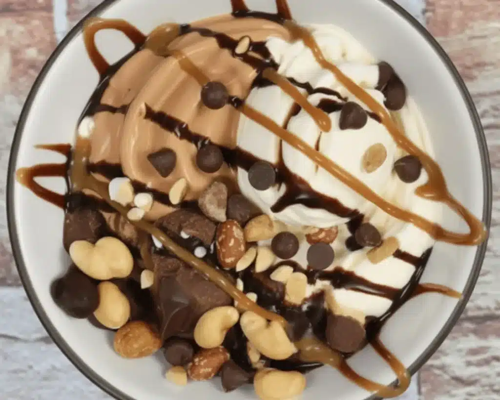 Delicious Snickers Protein Cheesecake served in a dessert bowl with chocolate and peanuts.