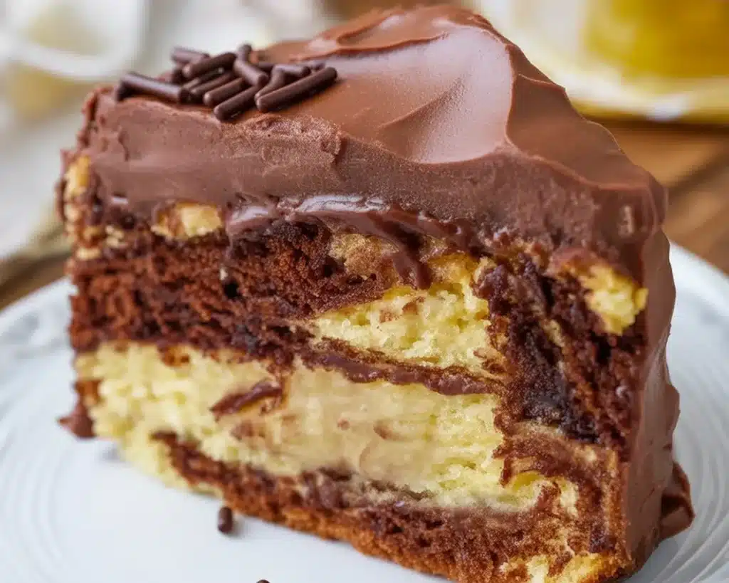 Delicious and moist marble cake with chocolate and vanilla swirls.