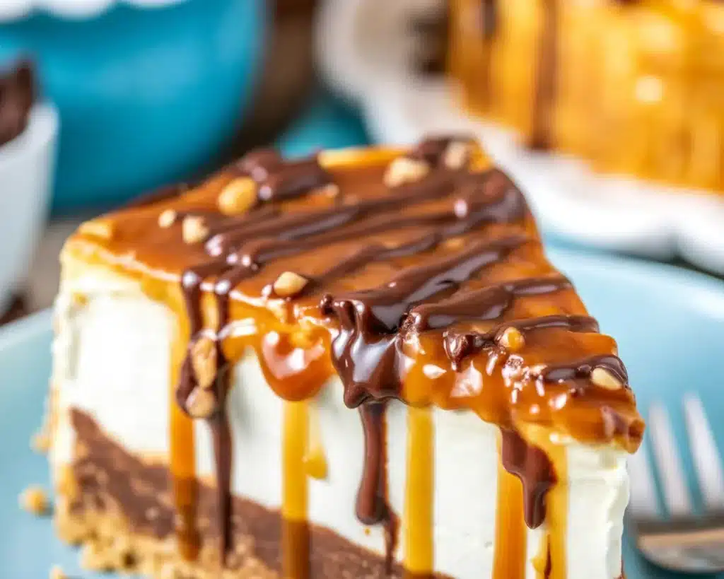 Delicious Turtle Cheesecake topped with caramel, chocolate ganache, and pecans.