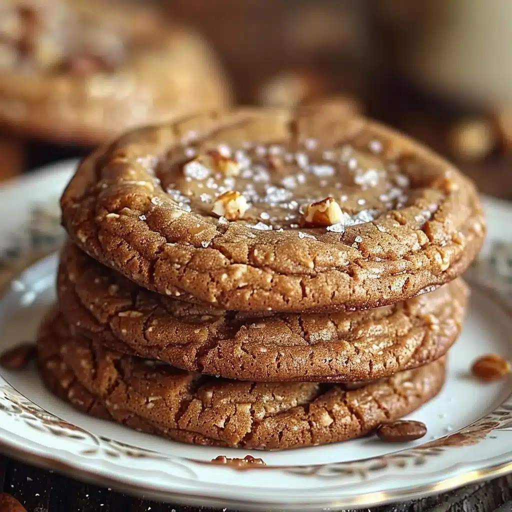 Brown Butter Coffee Toffee Cookies 4 Delicious brown butter coffee toffee cookies freshly baked on a wooden table.