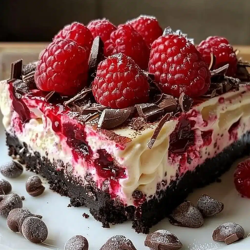 Chocolate Raspberry Cheesecake Dessert 4 Decadent Chocolate Raspberry Cheesecake topped with fresh raspberries.