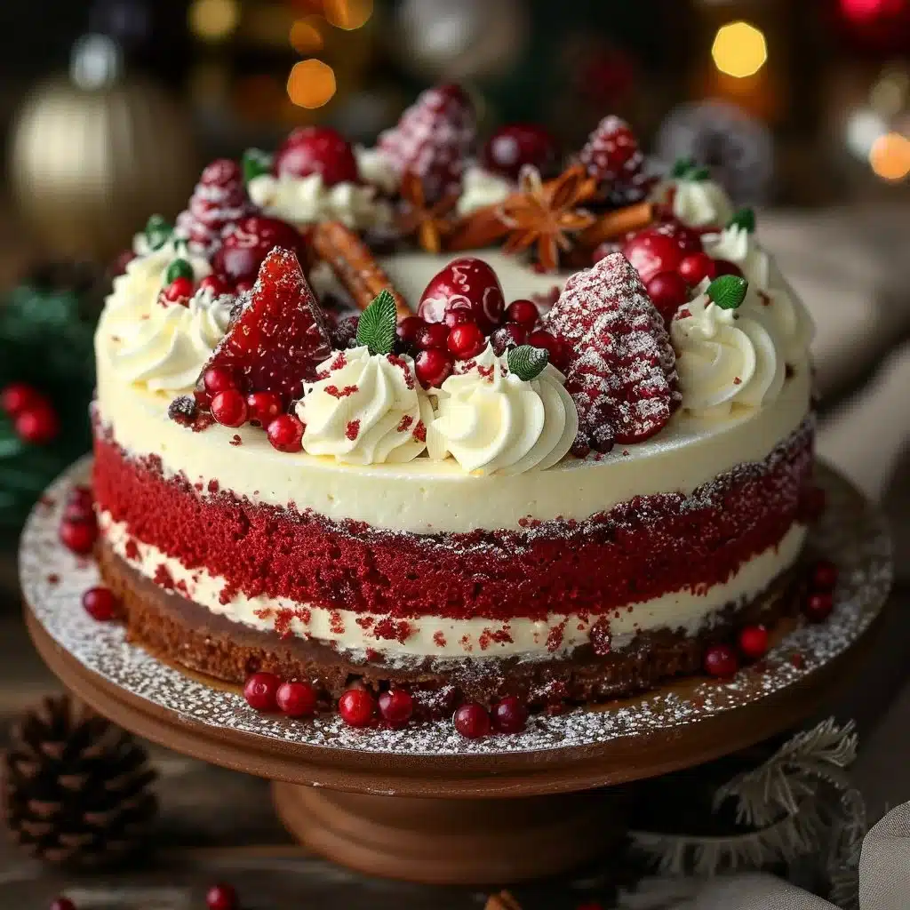 Christmas Red Velvet Cheesecake Recipe 4 Slice of Christmas Red Velvet Cheesecake topped with cream cheese frosting