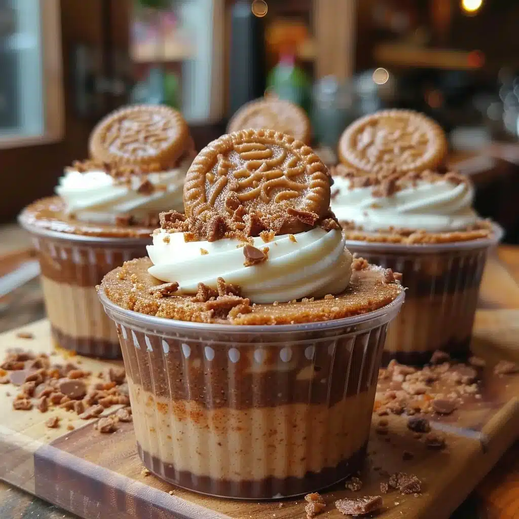 Cookie Butter Cheesecake Cups 4 Delicious Cookie Butter Cheesecake Cups topped with whipped cream and cookie crumbs.