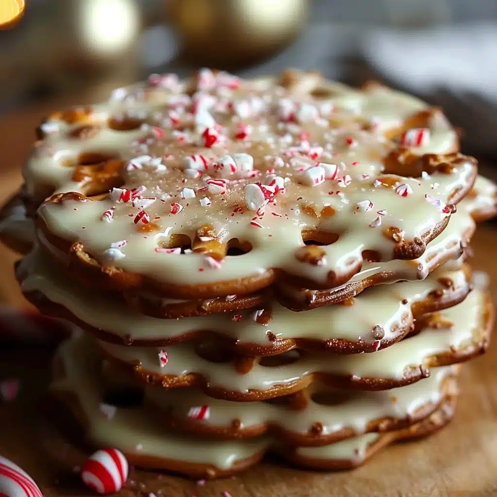 Easy White Chocolate Peppermint Pretzel Crisps 4 Easy white chocolate peppermint pretzel crisps on a decorative plate