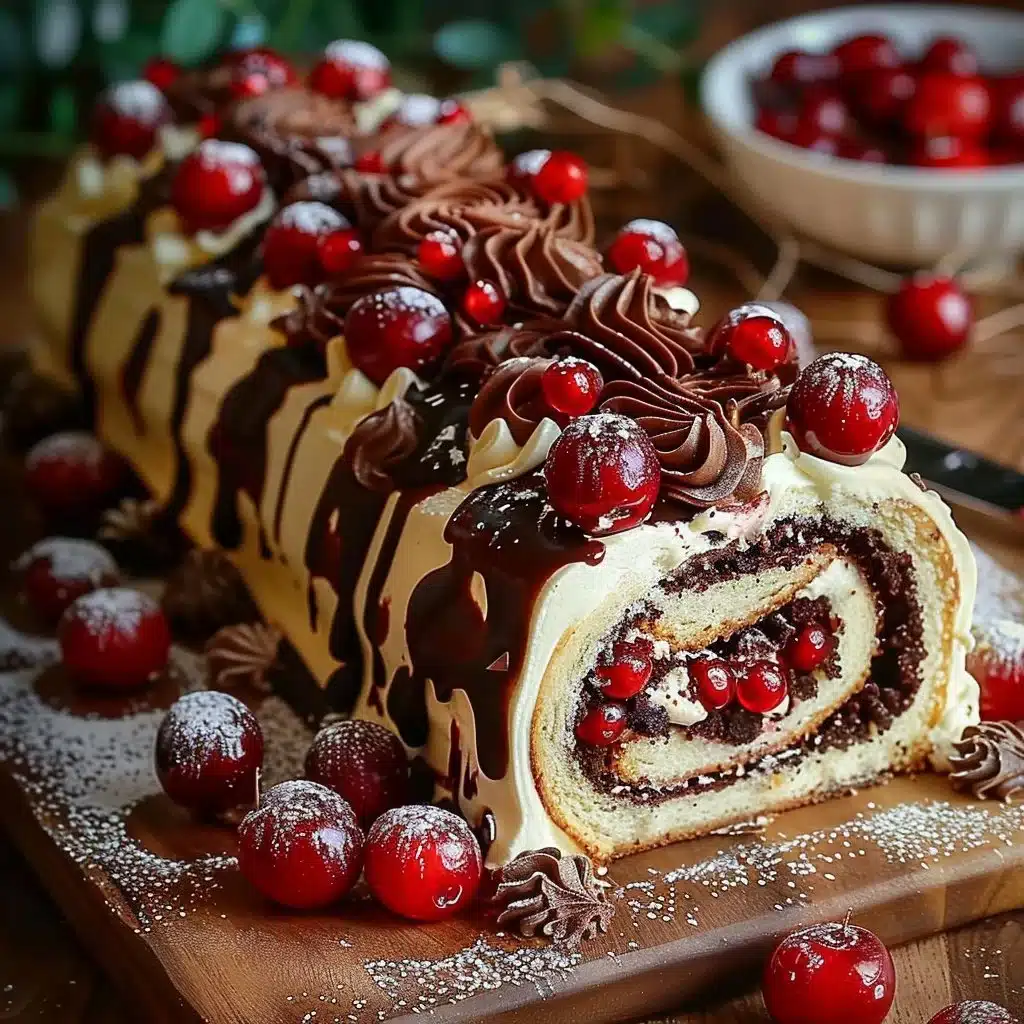 Elegant Black Forest Cake Roll 4 Elegant Black Forest Cake Roll with chocolate, cherries, and whipped cream