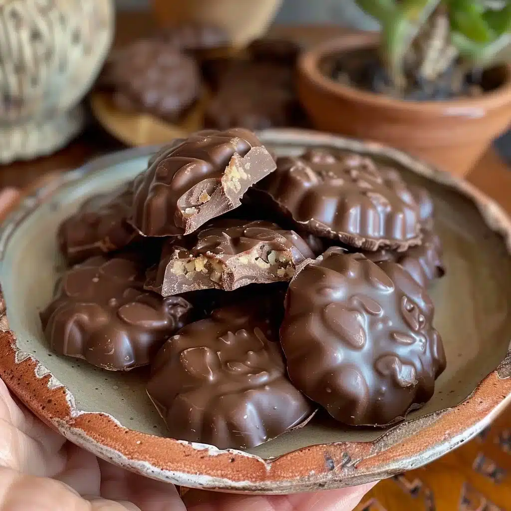 Homemade Chocolate Turtles 4 Homemade chocolate turtles with caramel and pecans on a plate