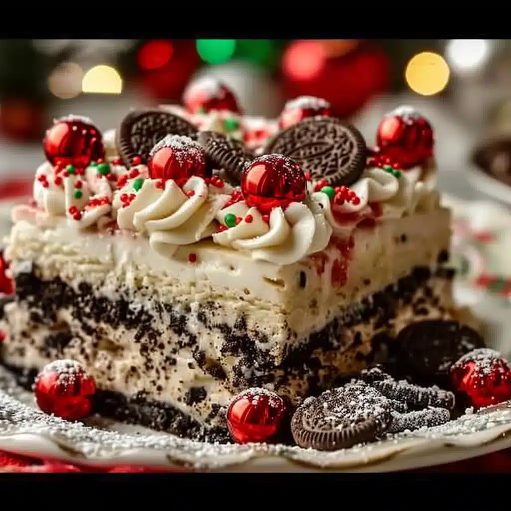 No Bake Christmas Oreo Lasagna 4 Delicious No Bake Christmas Oreo Lasagna layered with cream and crushed Oreos.