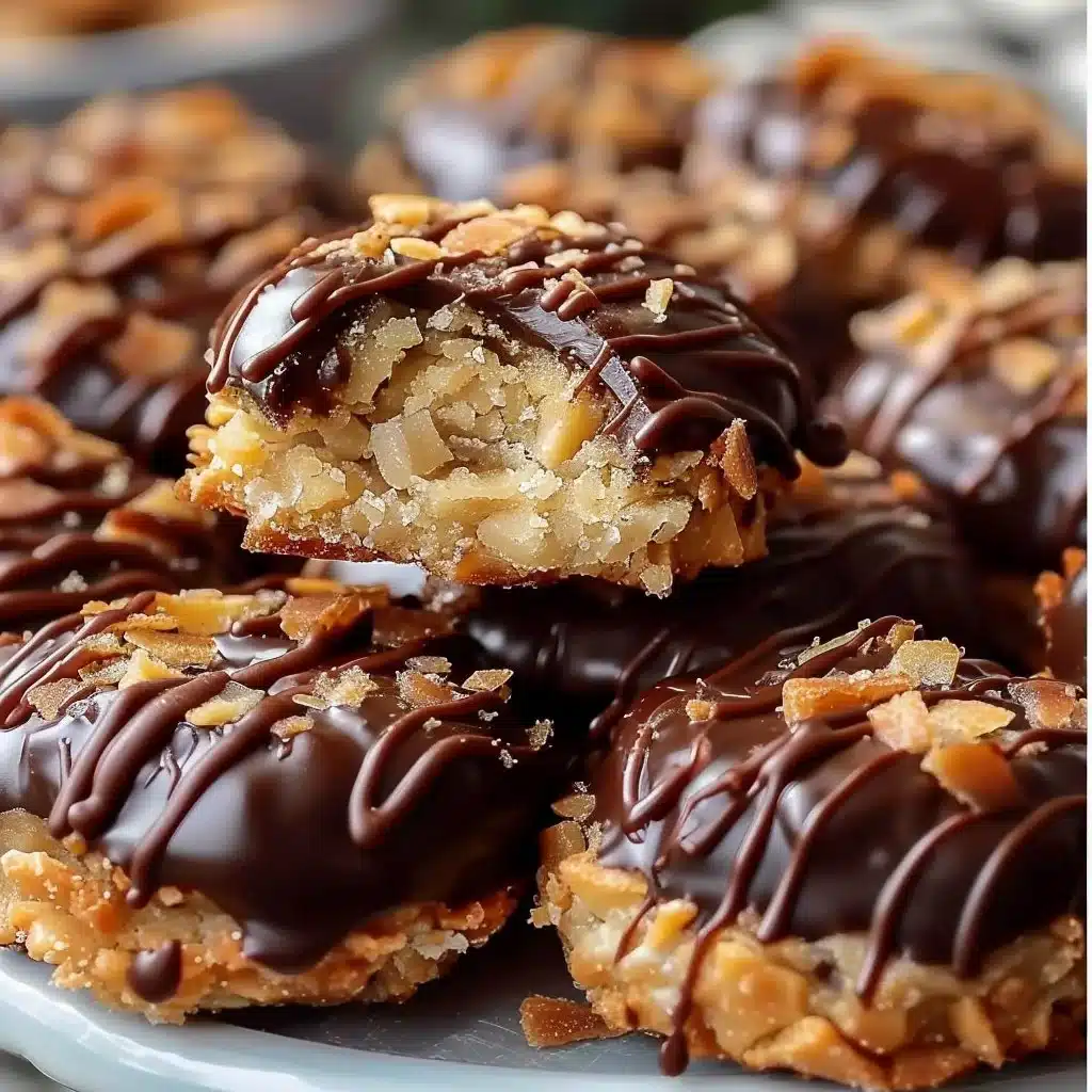 No Bake Samoa Cookies 4 Delicious No Bake Samoa Cookies with coconut, caramel, and chocolate layers.
