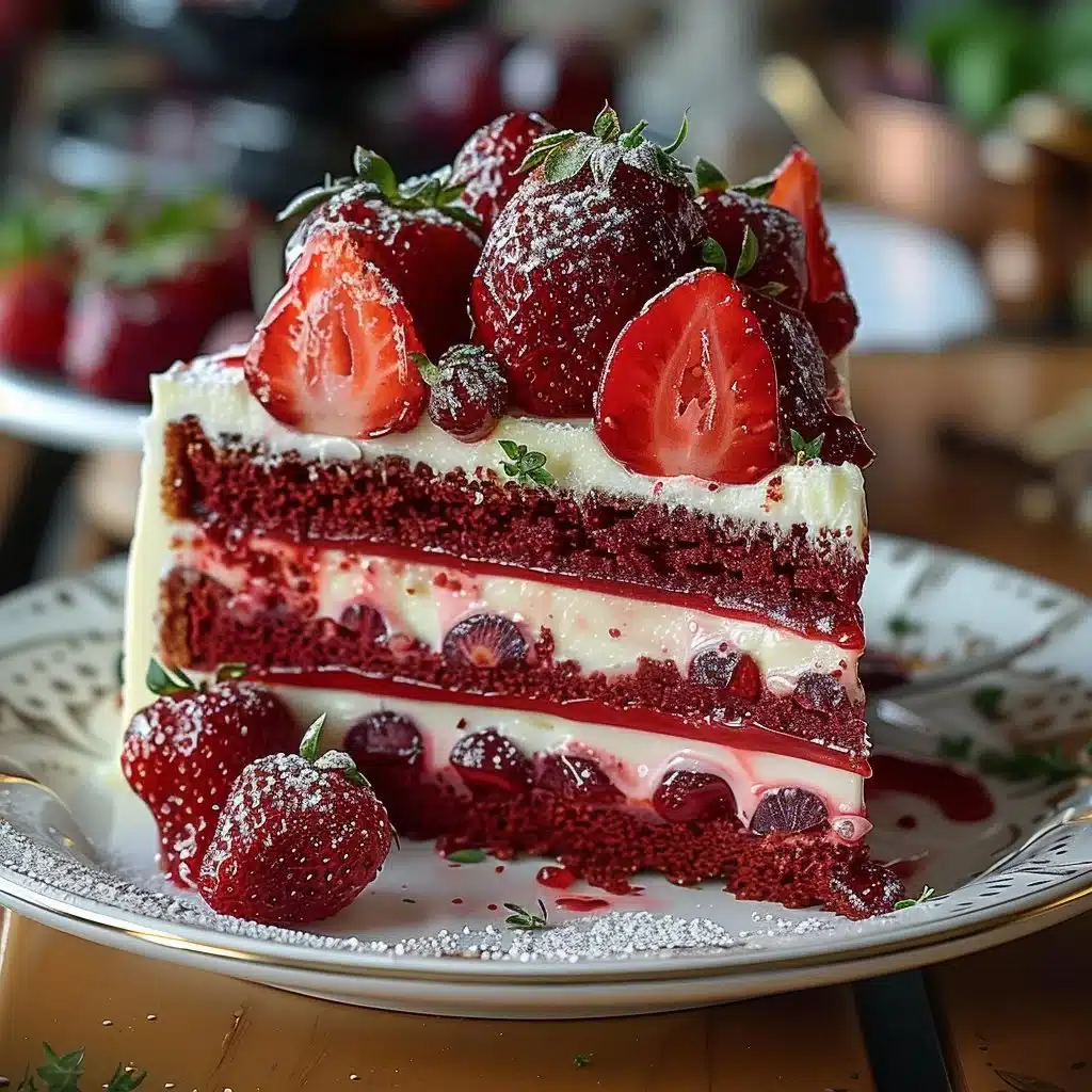 Red Velvet Strawberry Cheesecake 4 Delicious Red Velvet Strawberry Cheesecake slice with creamy topping and strawberries