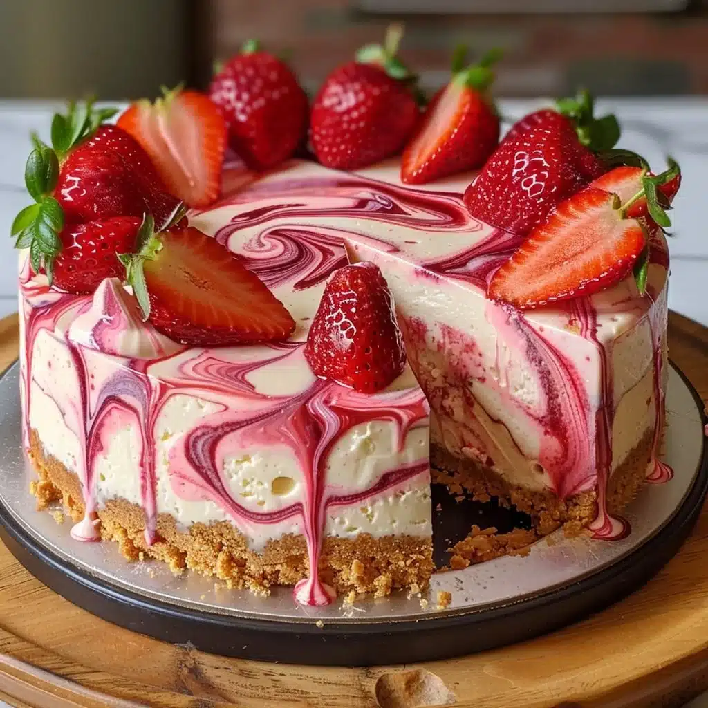Strawberry Swirl Cheesecake Recipe 4 Slice of strawberry swirl cheesecake with fresh strawberries on top