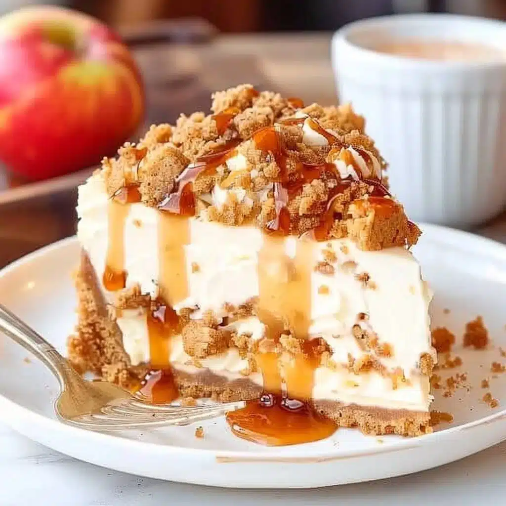 Apple Crisp Cheesecake 4 Delicious slice of Apple Crisp Cheesecake topped with caramel and apple slices