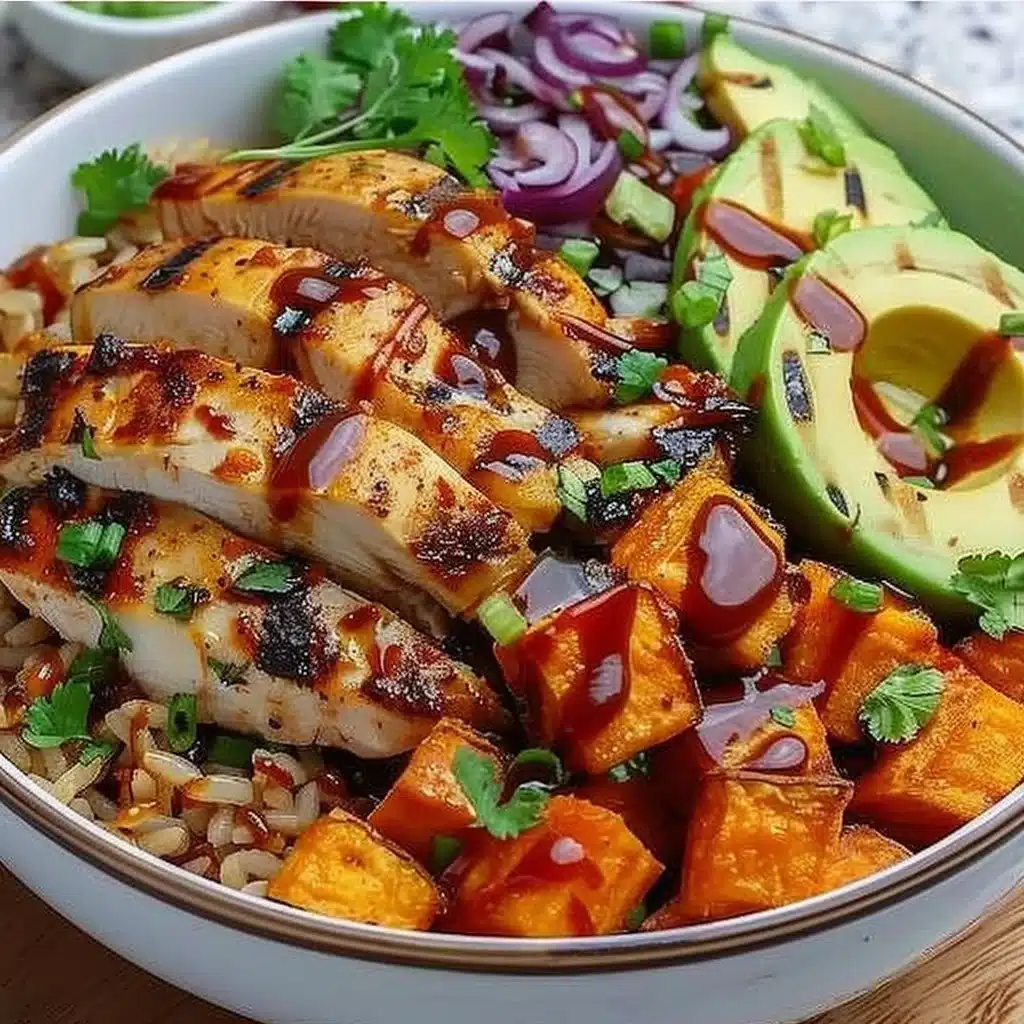 BBQ Chicken & Roasted Sweet Potato Bowls 4 BBQ chicken served in a bowl with roasted sweet potatoes for a hearty meal