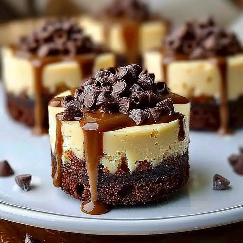 Brownie Bottom Mini Cheesecakes 4 Brownie Bottom Mini Cheesecakes topped with chocolate drizzle and fresh berries