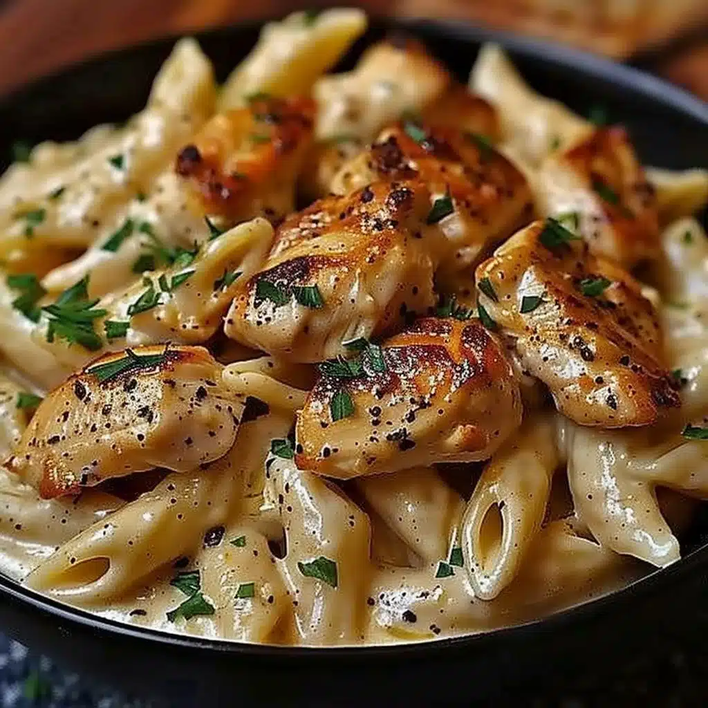Cajun Cream Cheese Chicken Pasta Bake Recipe 4 Creamy Cajun Chicken Pasta served in a bowl, garnished with parsley.