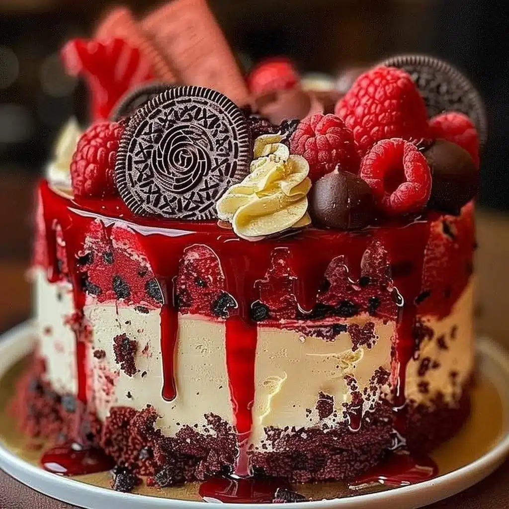 Decadent Oreo Red Velvet Cheesecake Drip Cake 4 Decadent Oreo Red Velvet Cheesecake Drip Cake topped with chocolate sauce.